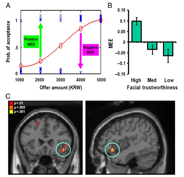 Facial trustworthiness biases offer acceptance: acceptance curve, MEE by trustworthiness, and brain region tracking the bias