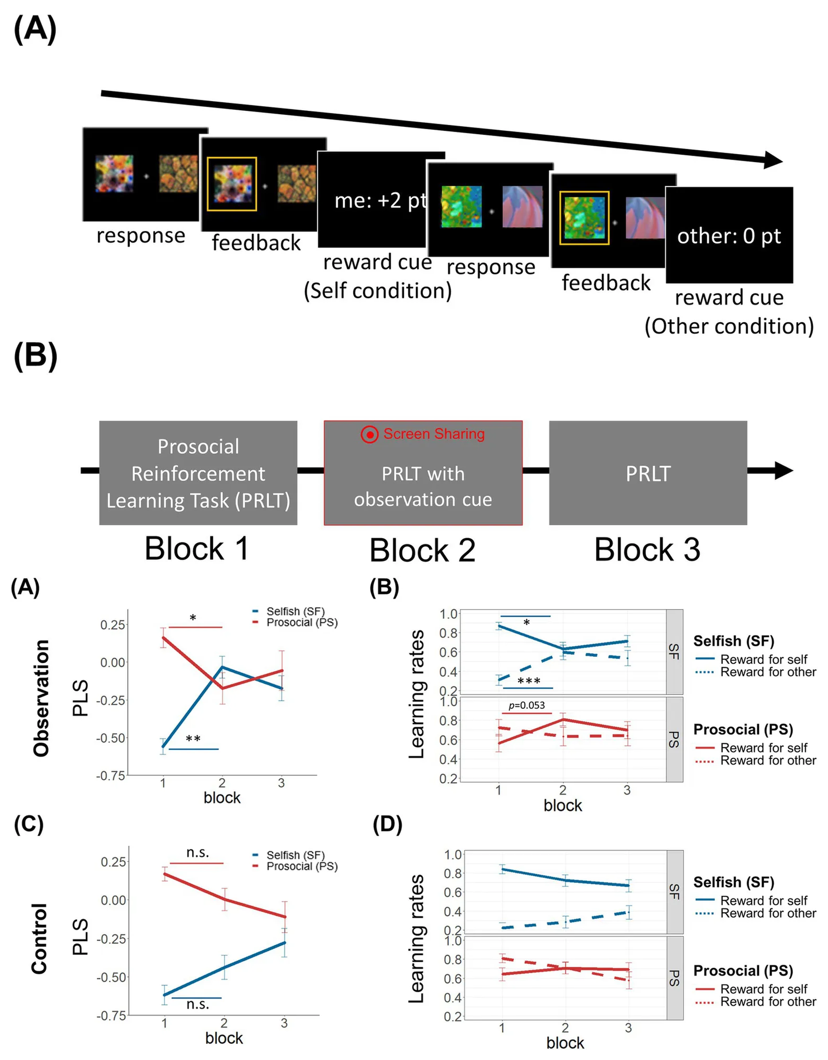 Prosocial Reinforcement Learning Task design across observation and control blocks, and results showing social observation increased prosocial learning selectively in initially selfish participants