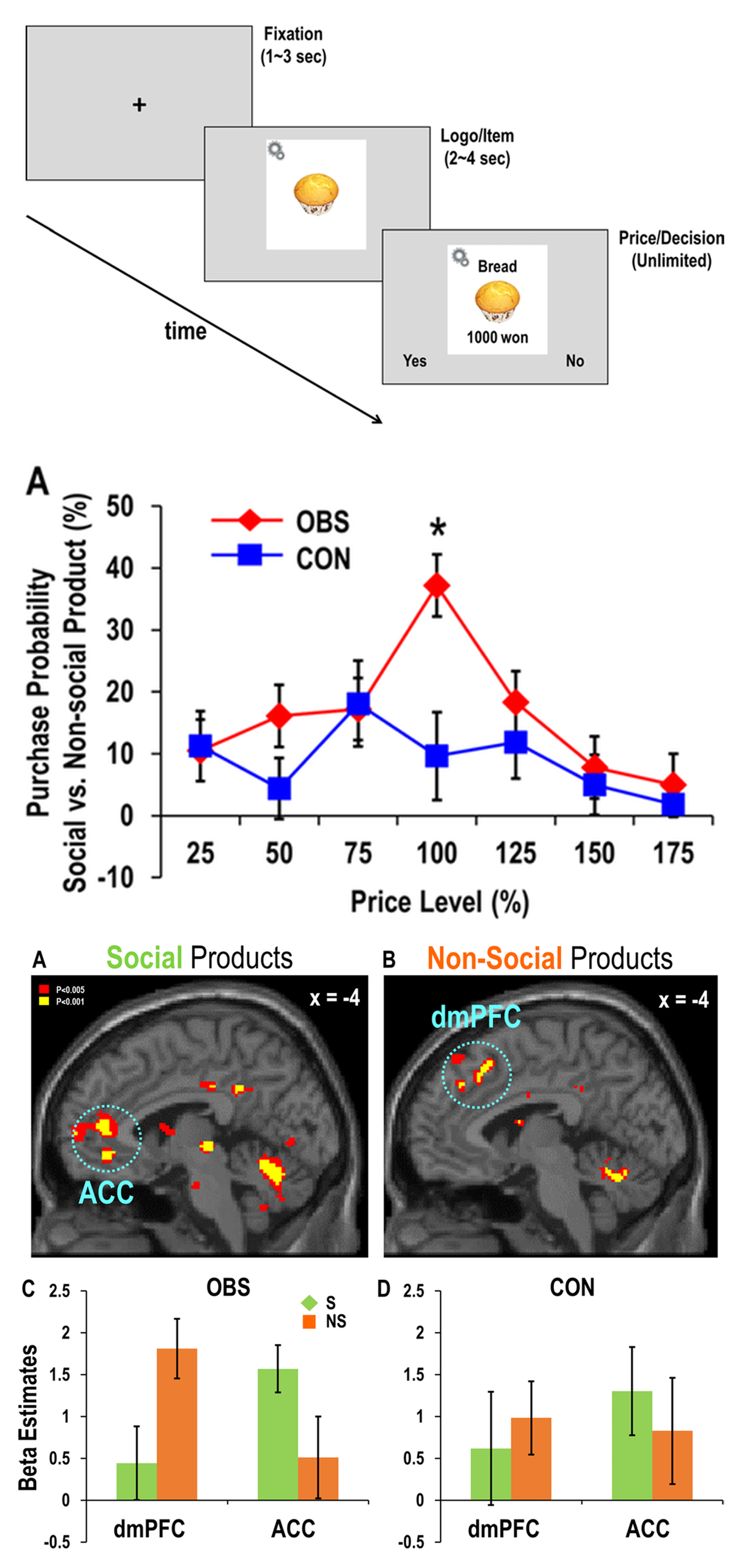 Ethical consumption task design, purchase probability for social vs non-social products by observation, and ACC/dmPFC encoding results under social observation